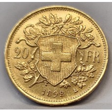 SWITZERLAND 1898 B . TWENTY 20 FRANCS . GOLD COIN